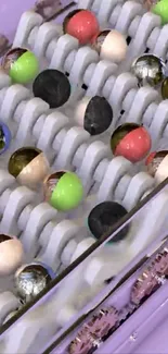 Glossy, colorful balls on a vibrant pattern wallpaper.