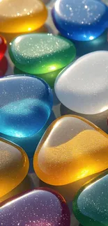 Glossy colorful stones with vibrant hues displayed artistically.