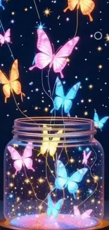 Colorful butterflies glowing as they escape from a jar into the night sky.