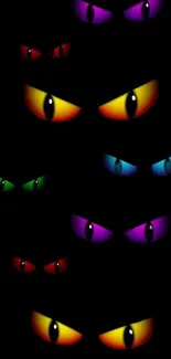 Mobile wallpaper with colorful glowing eyes on a black background.