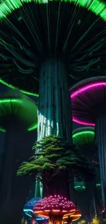 A vibrant neon mushroom forest at night.