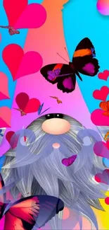 Vibrant wallpaper with gnome, hearts, and butterflies amid colorful background.