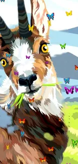 Colorful wallpaper of goat with butterflies and mountain backdrop.