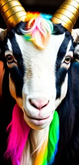 Vibrant goat with rainbow fur and golden horns in colorful wallpaper design.