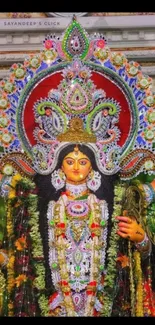 Intricately decorated goddess Durga during Hindu festival.