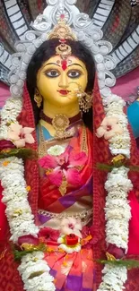 Vibrant Goddess Durga adorned with garlands.