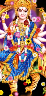 Vibrant goddess with blue sari and floral ornaments in mobile wallpaper.