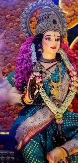 Hindu goddess adorned with colorful flowers and traditional jewelry.