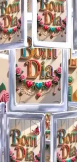 Colorful 'Bom Dia' design with roses and hearts.