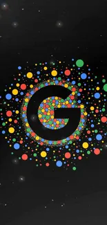 Bright, dotted 'G' logo with colorful particles on black.