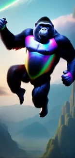 Colorful gorilla leaping in mystical landscape.