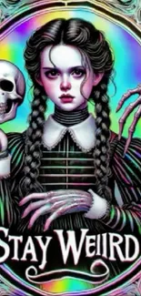 Vibrant rainbow gothic wallpaper of a girl holding skull.