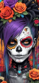 Colorful gothic skull art with flowers and butterflies.