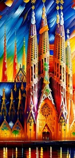 Colorful Gothic cathedral with vibrant hues and abstract design.