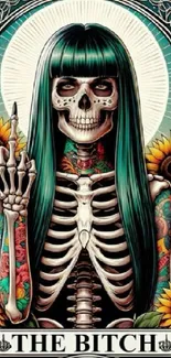 Gothic skeleton with teal hair and sunflowers on mobile wallpaper.