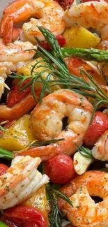 Close-up of vibrant shrimp dish with fresh herbs and vegetables.