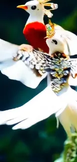 Colorful birds in mid-flight with vibrant plumage against a green backdrop.