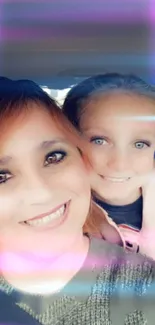 Cheerful mother and daughter posing with a colorful gradient overlay.