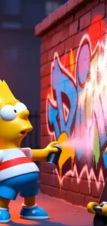 Animated character spray paints colorful graffiti on brick wall.