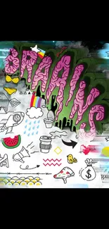 Colorful graffiti art wallpaper for mobile with sketches and doodles.