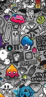 Graffiti art wallpaper with colorful characters and abstract shapes.