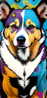 Vibrant graffiti style Corgi dog mural bursting with vivid colors.