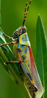 Close-up of a colorful grasshopper on green leaves, showcasing vibrant natural beauty.