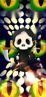 Cartoon Grim Reaper amid green eyes and flames on dark blue wallpaper.