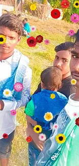 Group selfie with colorful floral decorations in an outdoor setting.