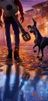 Animated scene with guitar and dog in vibrant alley.