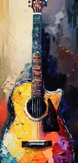 Colorful abstract guitar painting with vibrant brush strokes.