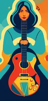 Illustration of a figure with a guitar and musical notes on colorful background.