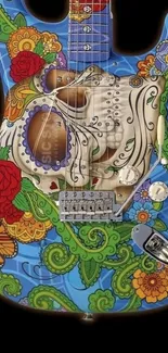 Colorful guitar with floral and skull design on wallpaper.