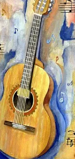 Artistic watercolor guitar with musical notes.