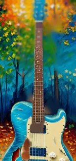 Colorful guitar in an autumn forest scene with vibrant leaves.