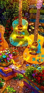 Colorful guitars with floral designs in a garden setting.
