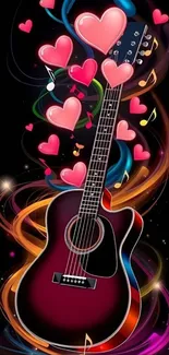 Guitar with colorful hearts and swirls on dark background.
