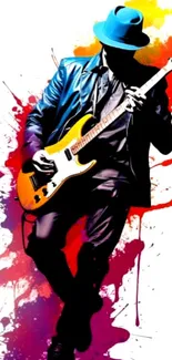 Abstract guitarist art with colorful splash and fedora hat.