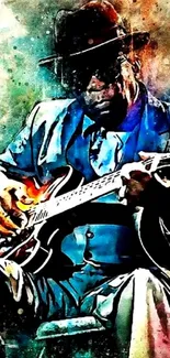 Artistic watercolor painting of guitarist in suit and hat playing a guitar.