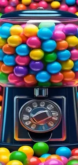 Colorful gumball machine filled with vibrant spheres.