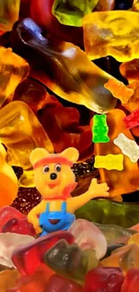 Playful bear figure among colorful gummy bears.