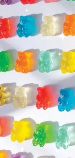 Colorful gummy bears arranged in rows on a wallpaper.