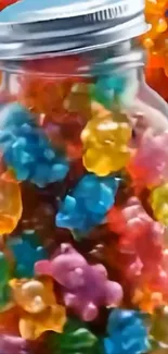 Jar of colorful gummy bears in vibrant hues.