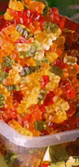 Colorful gummy bear pile on a table surface.