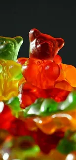 Close-up of colorful gummy bears in various bright colors.