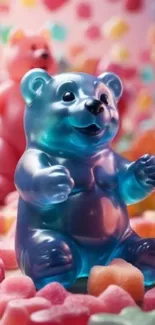 Blue gummy bear on candy background wallpaper.