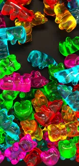 Colorful gummy bears in neon hues cascade over a dark background.