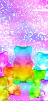 Colorful gummy bears in a vibrant galaxy-themed background.