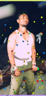 Man lifting weights with colorful confetti background.