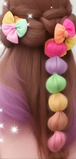 Back view of hair with colorful bows in pastel shades.